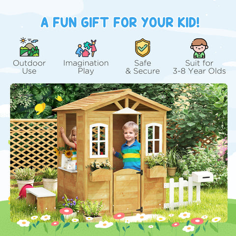 Outdoor Kids Wooden Cottage Playhouse with Mailbox & Bench