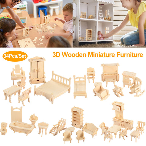 34-Piece 3D Wooden Dollhouse Furniture Miniature Puzzle Set