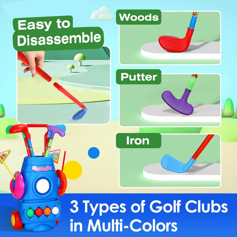 Kids Golf Club Set With Portable Golf Cart