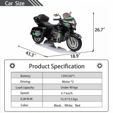 12V 2-Seat Electric Kids Ride-On Motorcycle with 3 Wheels