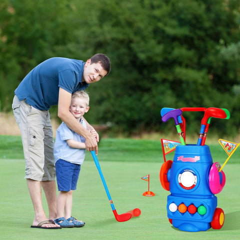 Kids Golf Club Set With Portable Golf Cart
