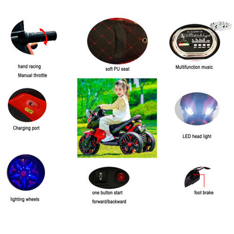 12V 3-Wheel Battery Powered Kids Ride-On Motorcycle with PU Seat