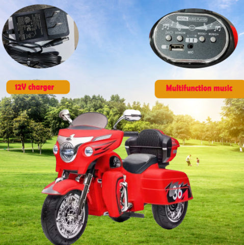 12V 2-Seat Electric Ride-On Motorcycle with 3 Wheels and Storage Box