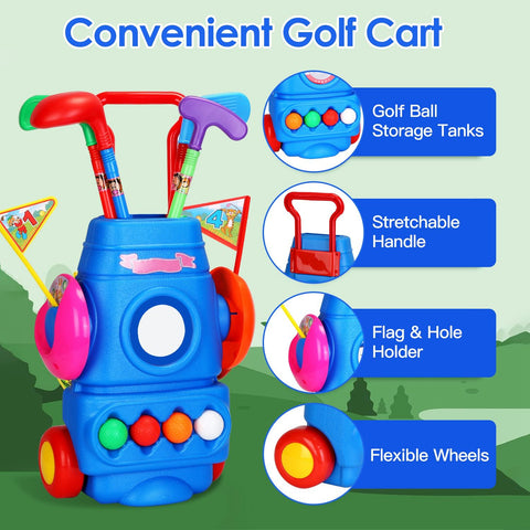 Kids Golf Club Set With Portable Golf Cart
