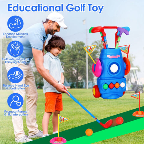 Kids Golf Club Set With Portable Golf Cart
