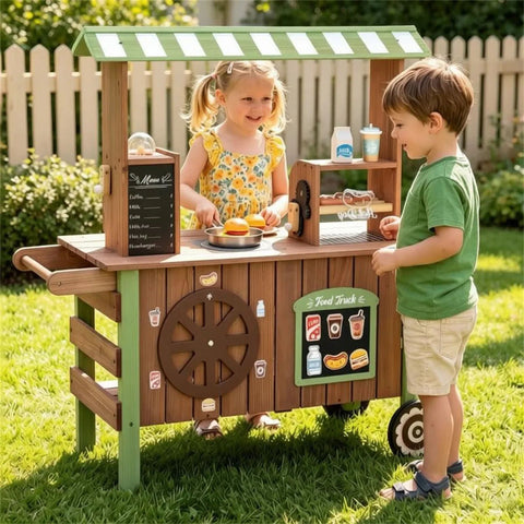 Toddler Wooden Play Food Truck Cart on Wheels