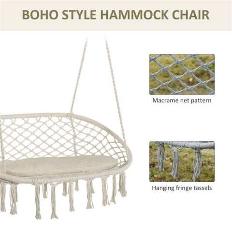 Two-Seater Hanging Macrame Hammock Chair with Cushion