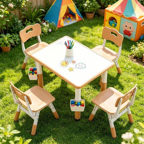 Height Adjustable Kids Desk and 4 Chairs Set with Storage