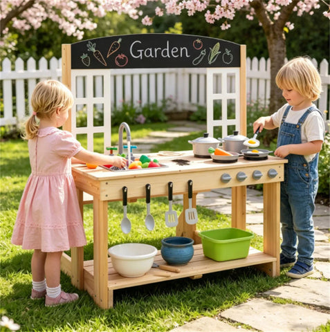 Kids Wooden Mud Kitchen Playset with Bench & Removable Sink