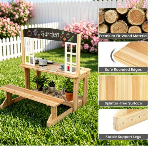 Kids Wooden Mud Kitchen Playset with Bench & Removable Sink