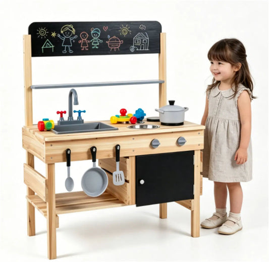 Fir Wood Kids Outdoor Mud Kitchen Playset with Stainless Steel Sink