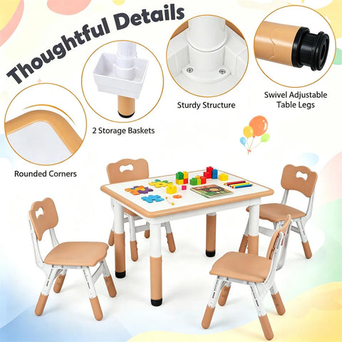 Height Adjustable Kids Desk and 4 Chairs Set with Storage