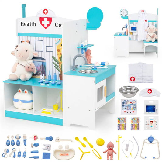27-Piece Wooden Kids Doctor Medical Station Playset with ECG Monitor