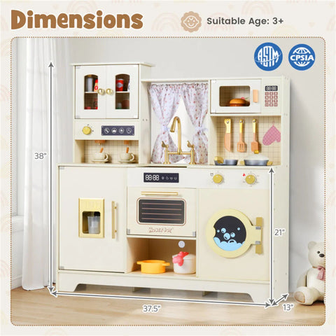 Wooden Kids Play Kitchen with Rotatable Faucet & 14 Accessories