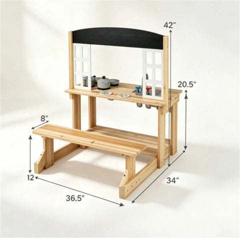 Kids Wooden Mud Kitchen Playset with Bench & Removable Sink