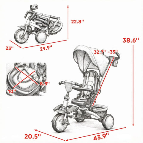 6-in-1 Convertible Kids Stroller Tricycle with Adjustable Push Handle