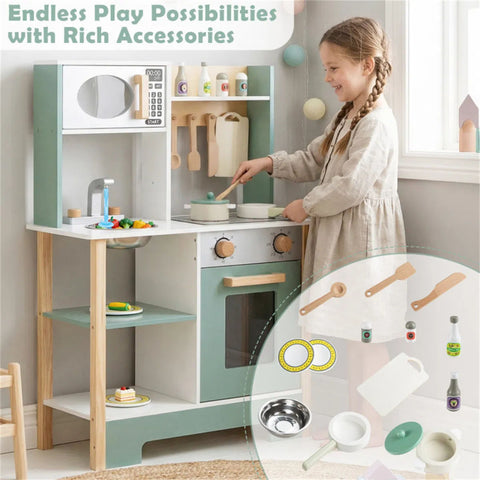 Kids Wooden Play Kitchen With 13 Accessories