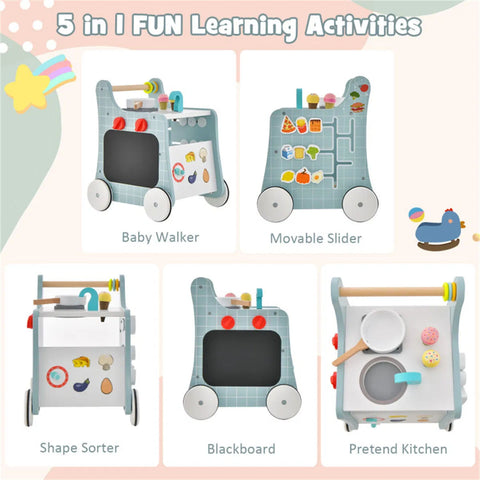 6-in-1 Wooden Baby Walker with Play Kitchen