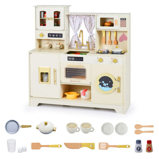 Wooden Kids Play Kitchen with Rotatable Faucet & 14 Accessories