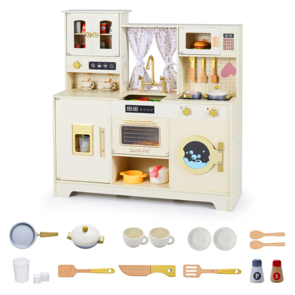 Wooden Kids Play Kitchen with Rotatable Faucet & 14 Accessories