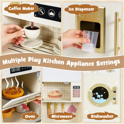 Wooden Kids Play Kitchen with Rotatable Faucet & 14 Accessories