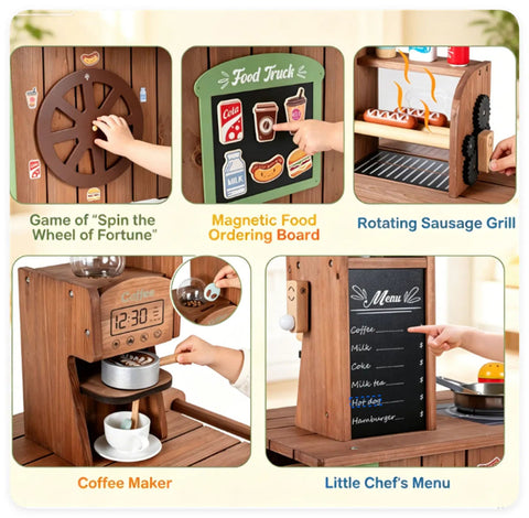 Toddler Wooden Play Food Truck Cart on Wheels