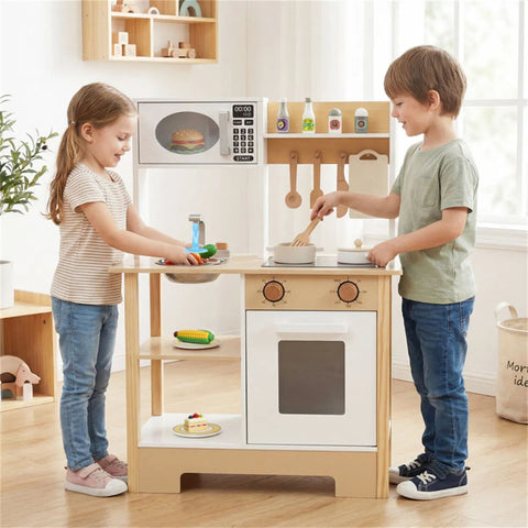 Kids Wooden Play Kitchen Set with 13 Accessories