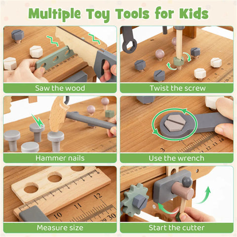 2-in-1 Wooden Kids Tool Bench & Rolling Cart Toy for Toddlers