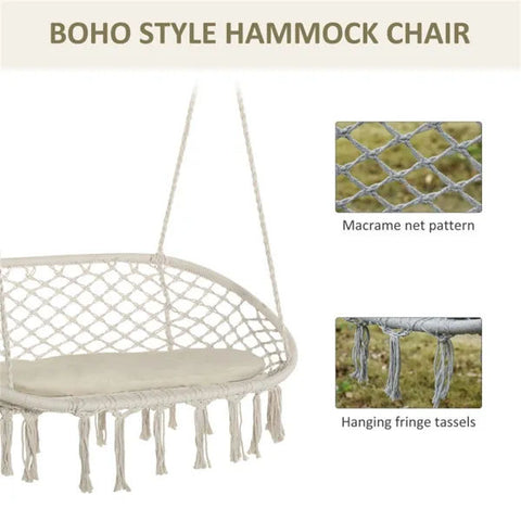 Two-Seater Hanging Macrame Hammock Chair with Cushion