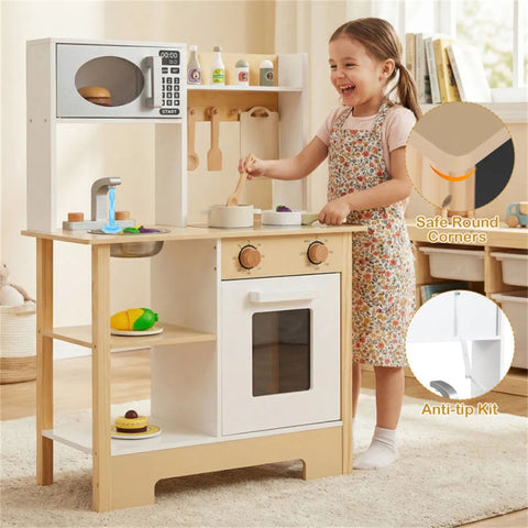 Kids Wooden Play Kitchen Set with 13 Accessories