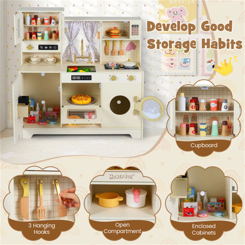 Wooden Kids Play Kitchen with Rotatable Faucet & 14 Accessories