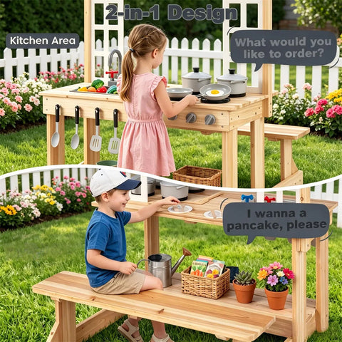 Kids Wooden Mud Kitchen Playset with Bench & Removable Sink