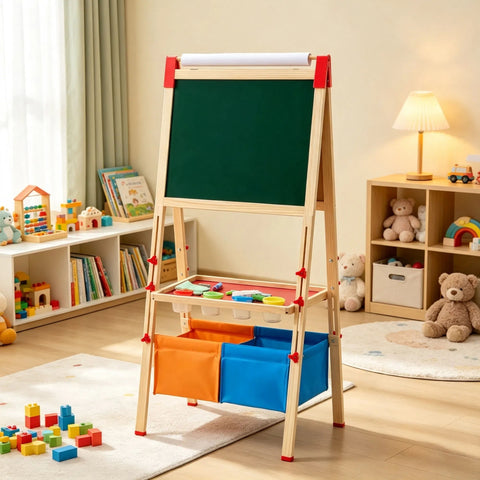 3-in-1 Kids Wooden Art Easel with Paper Roll