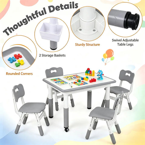 Height Adjustable Kids Desk and 4 Chairs Set with Storage
