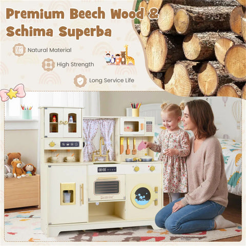 Wooden Kids Play Kitchen with Rotatable Faucet & 14 Accessories