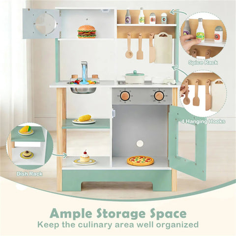 Kids Wooden Play Kitchen With 13 Accessories