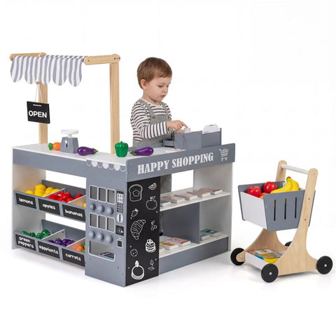 Gray Wooden Kids Supermarket Playset with Vending Machine