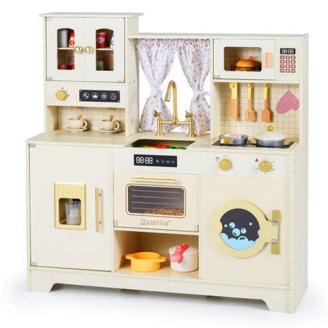 Wooden Kids Play Kitchen with Rotatable Faucet & 14 Accessories