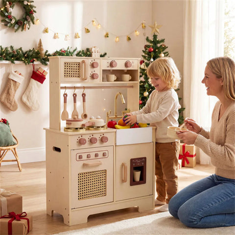 Kids Wooden Play Kitchen With Pretend Ice Maker