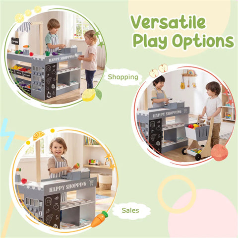 Gray Wooden Kids Supermarket Playset with Vending Machine