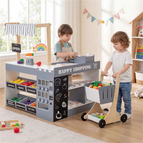 Gray Wooden Kids Supermarket Playset with Vending Machine