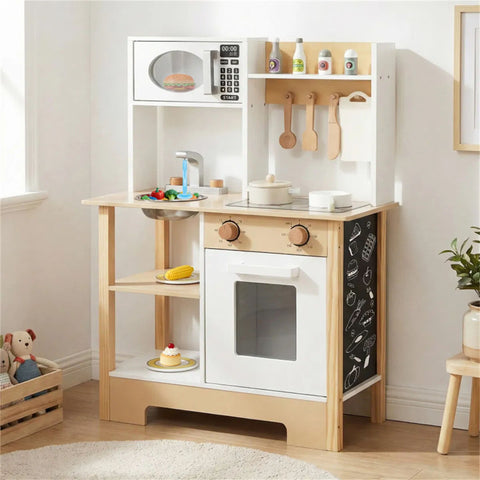 Kids Wooden Play Kitchen Set with 13 Accessories