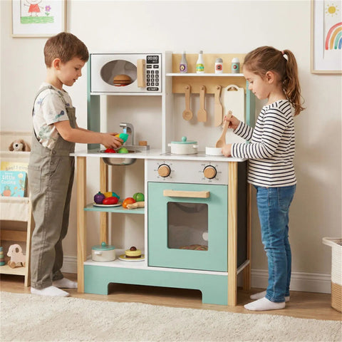 Kids Wooden Play Kitchen With 13 Accessories