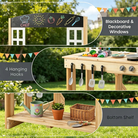 Kids Wooden Mud Kitchen Playset with Bench & Removable Sink