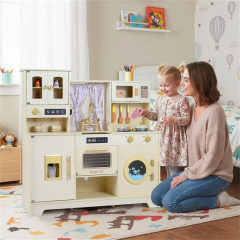 Wooden Kids Play Kitchen with Rotatable Faucet & 14 Accessories