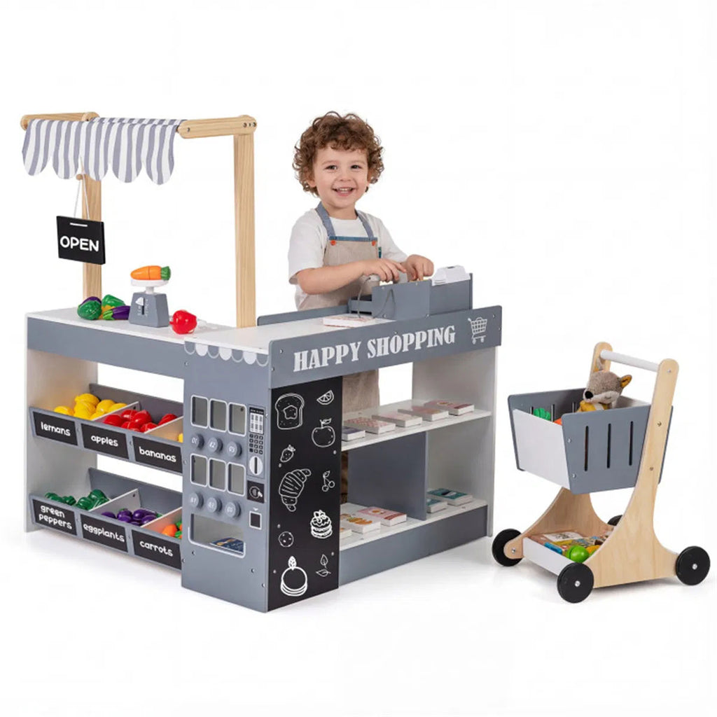 Gray Wooden Kids Supermarket Playset with Vending Machine