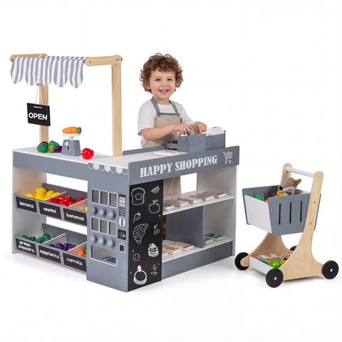 Gray Wooden Kids Supermarket Playset with Vending Machine
