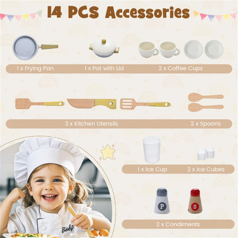 Wooden Kids Play Kitchen with Rotatable Faucet & 14 Accessories