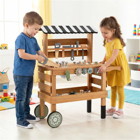 2-in-1 Wooden Kids Tool Bench & Rolling Cart Toy for Toddlers