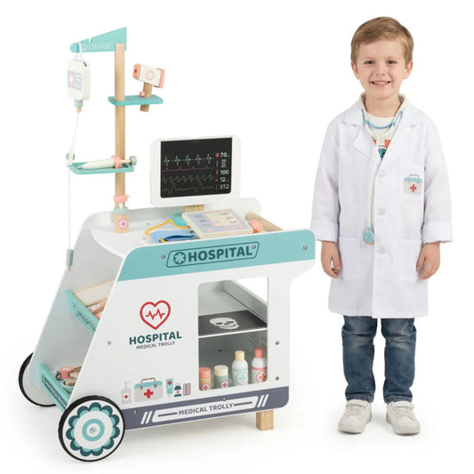 Wooden Doctor Playset Pretend Medical Station Cart for Toddlers